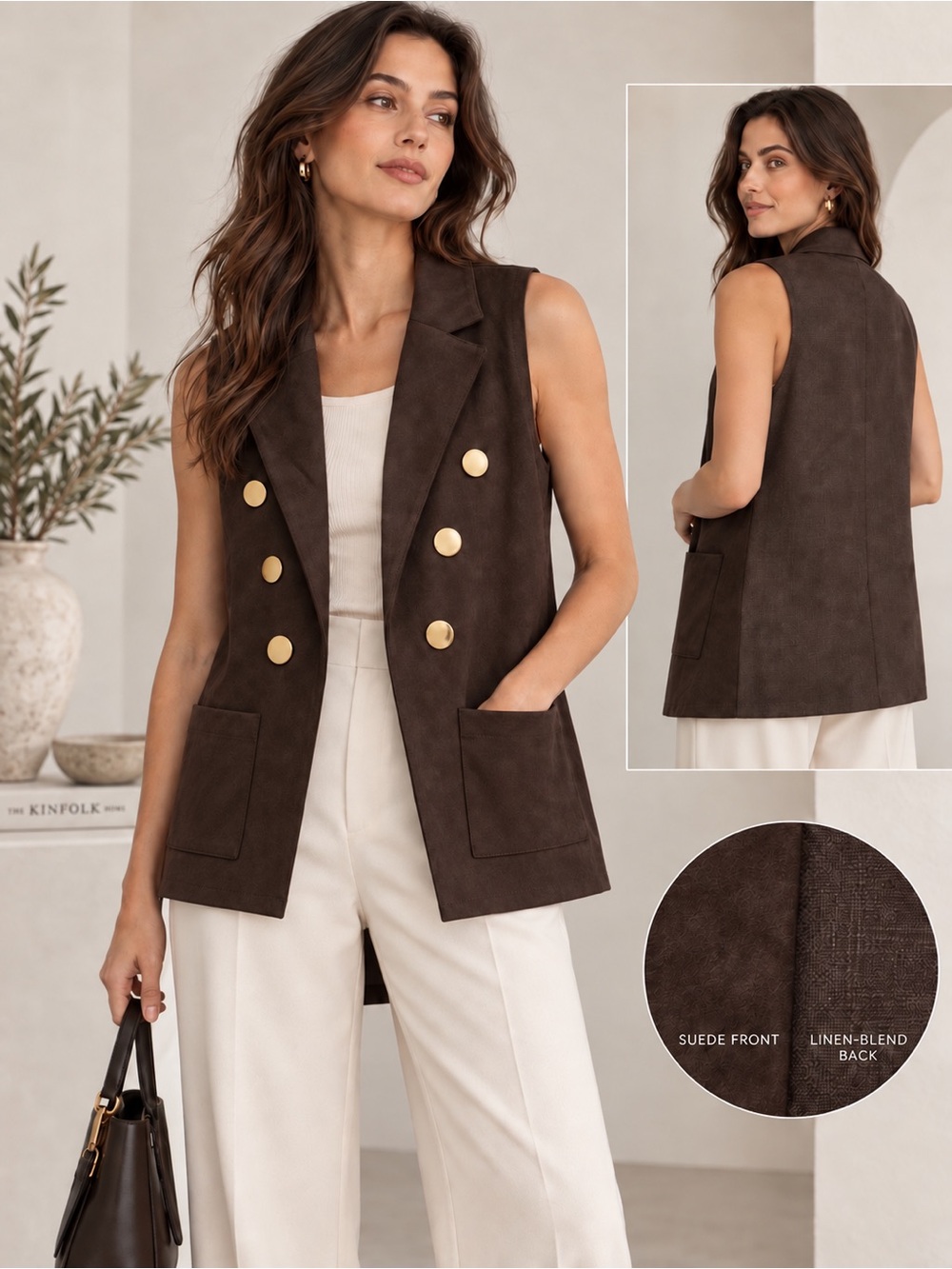 La Vila Milano Dark Brown Suede Sleeveless Double-Breasted Vest Size S
